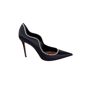 Amina Muaddi Romy Raso Crystal Black Satin Pumps 38, 7.5
